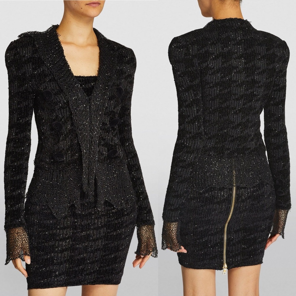 Balmain Black Sequin-Embellished Houndstooth Stretch-Knit Skirt - Picture 3 of 16